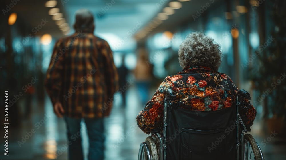 Naklejka premium Elderly Woman in Wheelchair with Companion in Modern Hallway