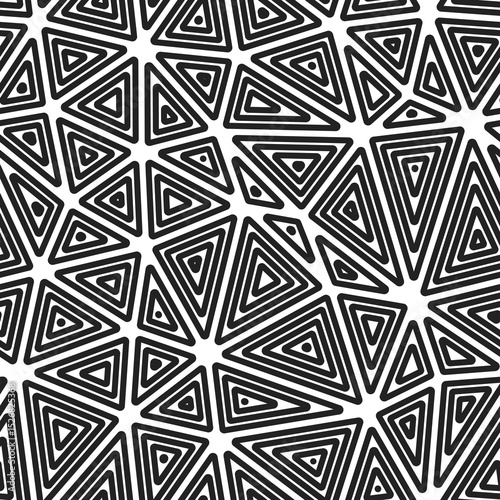 Abstract Mosaic Background. Multiple repeated inner triangles. Large triangles size. Black and white style. Seamless pattern. Elegant vector tiles. Awesome vector illustration.