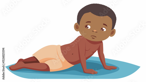 A young child lying on a mat their stomach swollen and tender to the touch a sign of the severe malnutrition they are suffering from.. Vector illustration