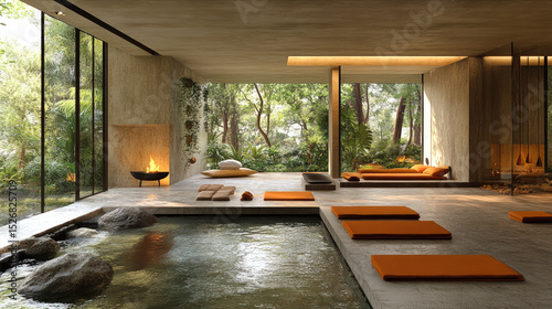 Tranquil modern spa with indoor hot spring, minimalist design, floor cushions, natural materials, and serene forest views through large glass windows.
