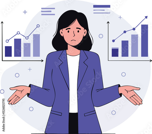 Businesswoman Confused About Financial Data Charts and Graphs in Purple and White Vector Illustration 