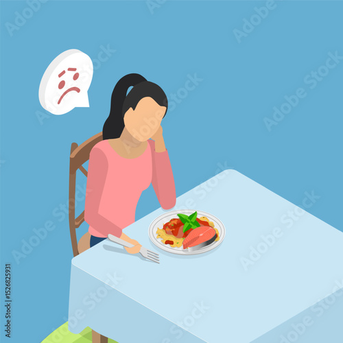 3D Isometric Flat Vector Illustration of Bored Eating, Woman Struggles With Eating Disorder And Lack Of Appetite, Staring At Plate Of Spaghetti