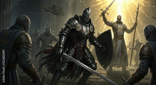 Warriors in dramatic battle scene