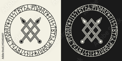 Black and white flat vector illustration of a Younger Futhark rune circle with the Gungnir (Odin’s Spear) symbol in the center. Perfect for Norse, Viking, or mythology-themed designs.
