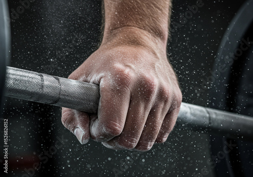 Strength in Focus – Barbell Grip - Close-up of chalk-covered hand gripping a knurled barbell