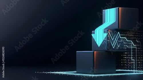 Stacked cubes with a descending arrow and glowing circuitry, symbolizing a system decline