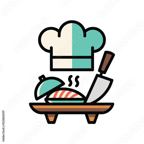 vector icons cooking food chef hat include a pizza slice, a sushi roll, spaghetti and meatballs, a curry bowl burger , fish 
