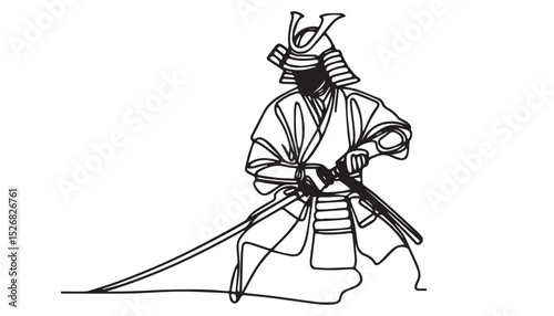 Continuous one single minimal line drawing Samurai