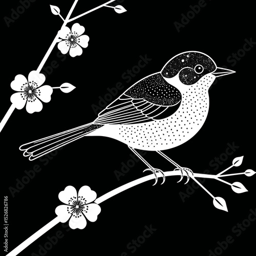 Bird on Blossoming Branch Illustration-Elegant Black and White Bird Art-Nature Inspired Drawing with Flowers-Minimalist Bird Print for Home Decor