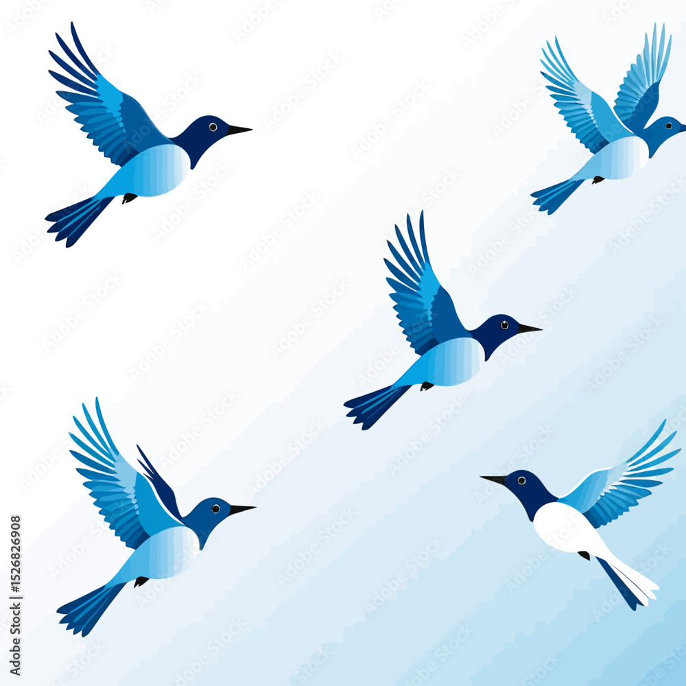 Obraz premium Blue Birds in Flight Illustration-Vector Image of Flying Birds-Bird Clipart for Graphic Design-Nature Inspired Artwork-Sky Blue Bird Design