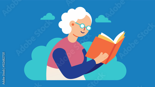 An elderly person diving into a new book suggested by their reading group eager to learn and explore new ideas and concepts. As they continue to challenge their minds through. Vector illustration