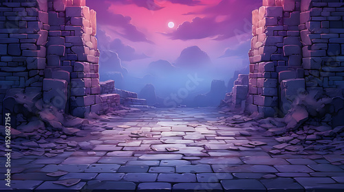 Pixel Art Ruins Pathway at Sunset
