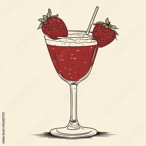 Strawberry cocktail with ice and straw
