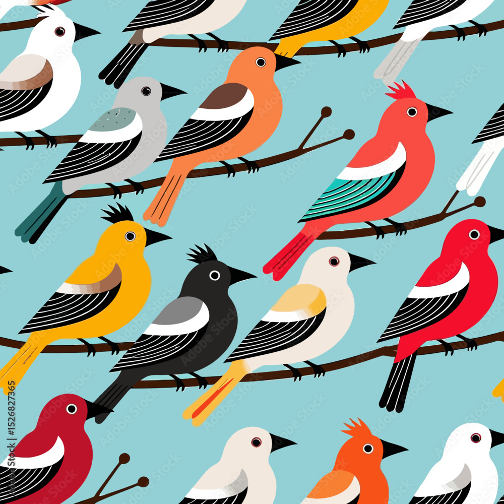 Obraz premium Colorful Bird Pattern on Branches - Whimsical Bird Illustration - Vibrant Bird Design - Bird Lovers Artwork - Seamless Bird Background
