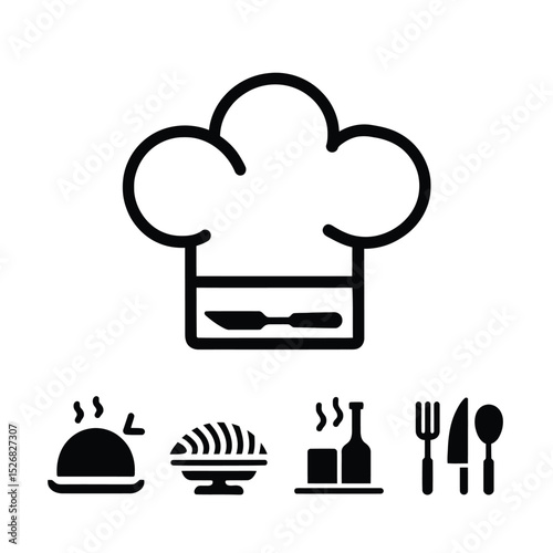 vector icons cooking food chef hat include a pizza slice, a sushi roll, spaghetti and meatballs, a curry bowl burger , fish 
