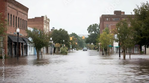 Flooded street lined with brick buildings