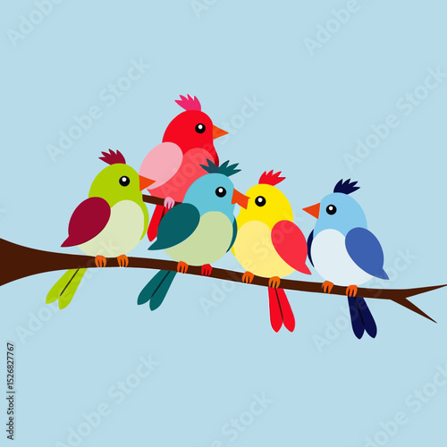 Colorful Cartoon Birds on a Branch Illustration - Cute Bird Vector Graphic for Kids - Whimsical Animal Art - Nature Illustration - Bird Clipart Image
