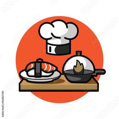 vector icons cooking food chef hat include a pizza slice, a sushi roll, spaghetti and meatballs, a curry bowl burger , fish 
