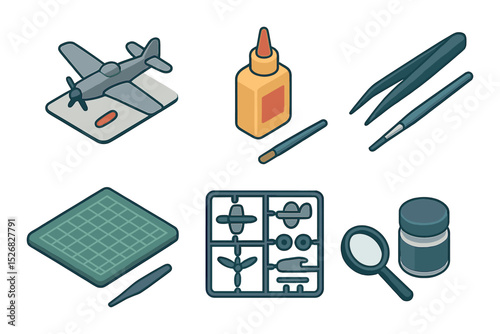 Model building icons set – 3d, hobby creation and crafting tool symbols