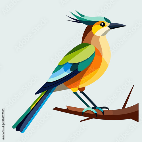 Colorful Geometric Bird Art-Modern Bird Illustration on Branch-Abstract Avian Design with Vibrant Colors-Unique Bird Art for Home Decor