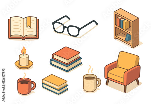 Cozy reading nook icons set – flat, relaxation and home library design