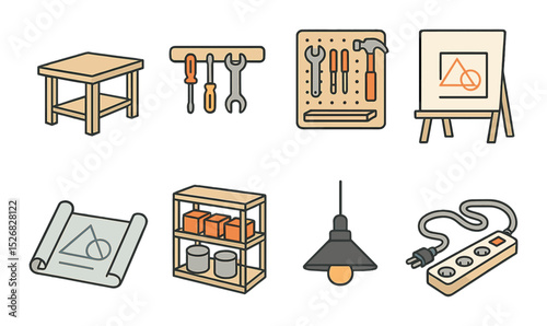 Home renovation tools icons set – outline, repairs and diy essentials symbols