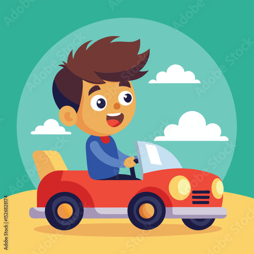 little boy playing with toy car, boy with car, vector Illustration of kid pushing car