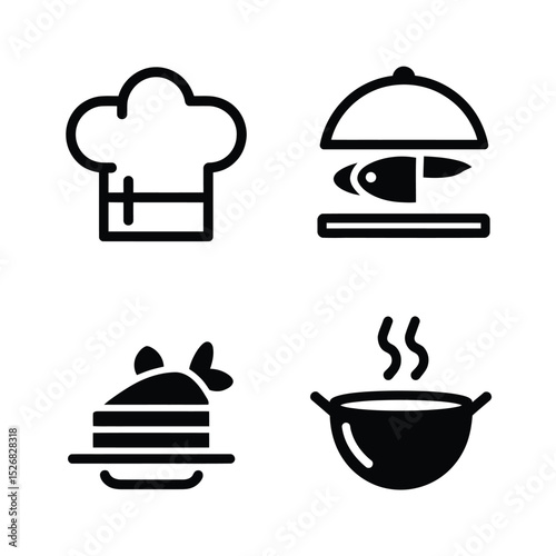 vector icons cooking food chef hat include a pizza slice, a sushi roll, spaghetti and meatballs, a curry bowl burger , fish 
