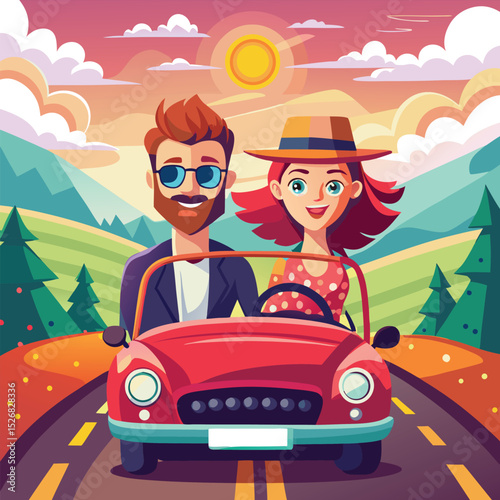 happy couple in car, couple on the car,  Young trendy happy hipster couple in love having trip along country road by red cabriolet