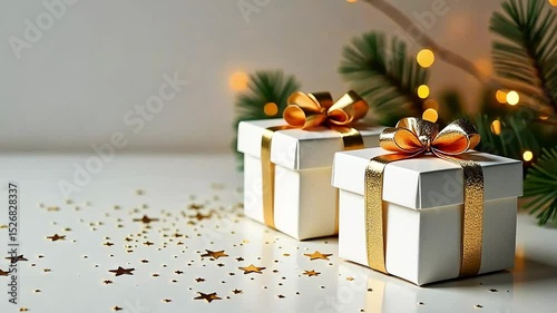 Two white gift boxes with golden ribbon on light background in festive christmas atmosphere. Animated video banner, greeting card