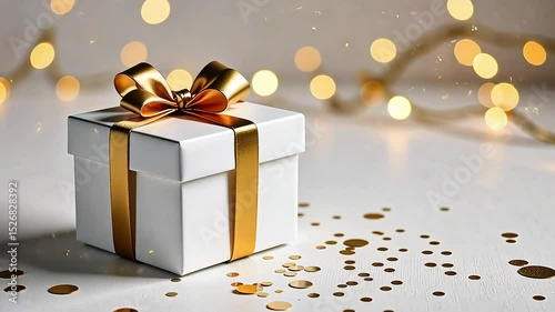 Elegant white gift box with golden bow on white tabletop, light background with warm lights of garland. Animated video banner for holiday, birthday party and christmas concept