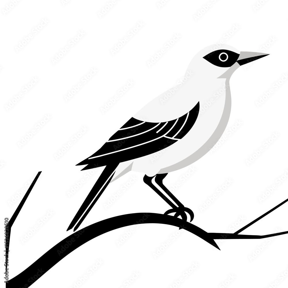 Fototapeta premium Elegant Loggerhead Shrike Illustration-Minimalist Bird Art-Black and White Bird Drawing-Perched Bird on Branch-Modern Nature Illustration-Unique Bird Design