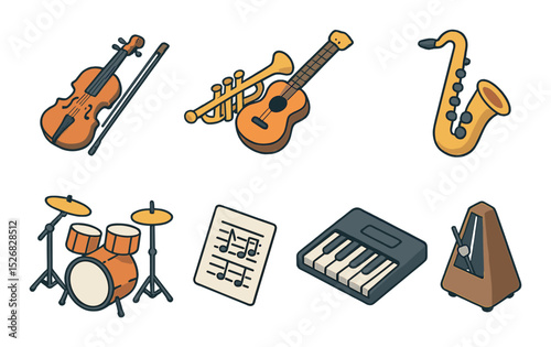 Music instruments icons set – flat, musical and band instrument symbols