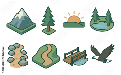 Nature landscape icons set – 3d, outdoor and wilderness adventure symbols