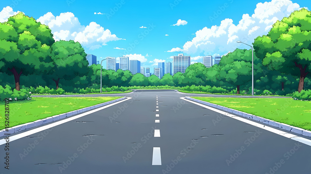 Pixel Art Summer City Road Landscape: A Sunny Day with Green Trees and Blue Sky Pixel Art Summer City Road Landscape: A Sunny Day with Green Trees and Blue Sky