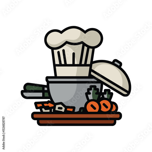 vector icons cooking food chef hat include a pizza slice, a sushi roll, spaghetti and meatballs, a curry bowl burger , fish 

