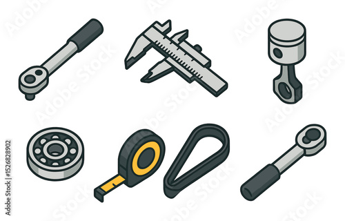 Mechanical tools icons set – 3d, equipment and engineering design symbols