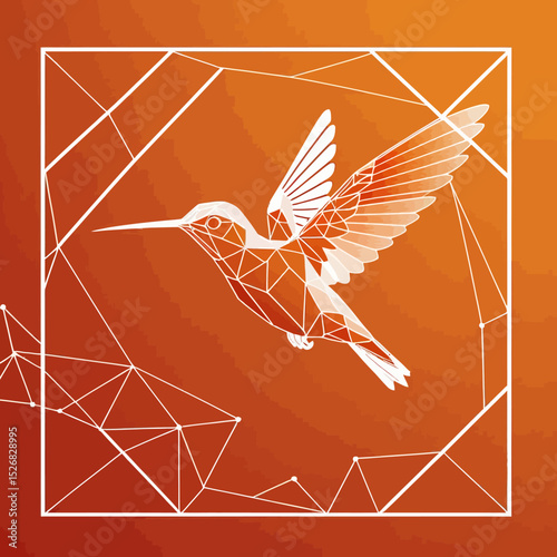 Geometric Hummingbird Illustration-Abstract Bird Art with Polygon Design-Modern Graphic of a Flying Hummingbird on Orange Background-Stylish Bird Artwork