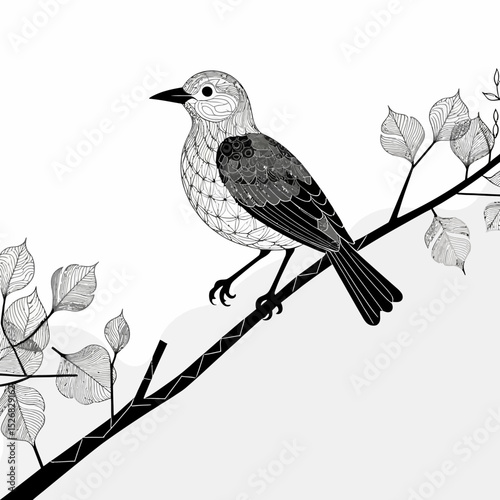 Ornate Bird on Branch Illustration-Detailed Line Art Bird Design-Monochrome Bird Artwork with Intricate Patterning-Black and White Nature Drawing