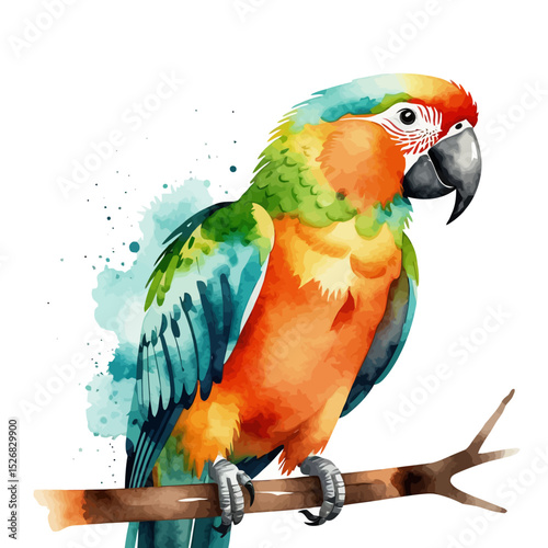 Watercolor Parrot Painting - Vibrant Tropical Bird Art Illustration on Branch - Colorful Macaw Design for Home Decor and Bird Lovers-Beautiful Wall Art