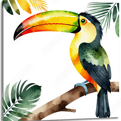 Watercolor Toucan Painting-Tropical Bird Art-Colorful Rainforest Illustration-Exotic Bird on Branch-Jungle Decor-Vibrant Bird Print-Nature Inspired Artwork