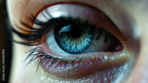 Close-up of young woman's eyes, beautiful blue eye with long eyelashes looking ahead