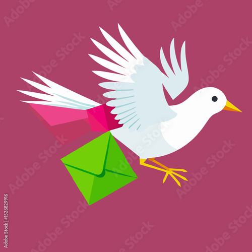 White Bird Delivering Mail-Messenger Pigeon with Green Envelope-Sending a Letter-Digital Mail Concept-Fast Delivery Service Icon