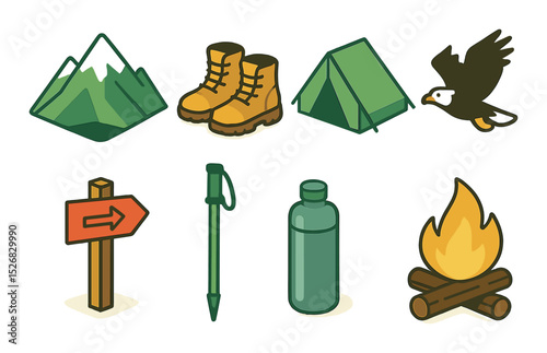 Camping adventure icons set – flat, outdoor and nature themed symbol collection