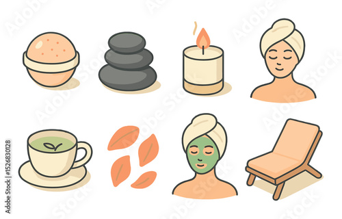 Spa and relaxation icons set – flat, wellness and self-care symbol collection