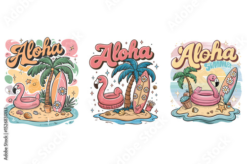 Vibrant aloha summer designs featuring flamingos palm trees surfboards and island elements