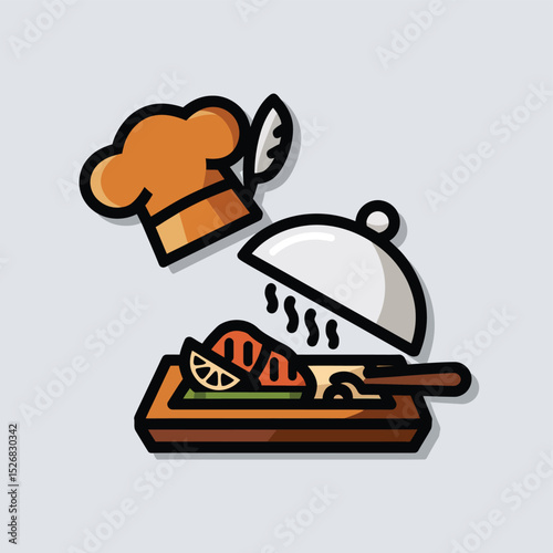 vector icons cooking food chef hat include a pizza slice, a sushi roll, spaghetti and meatballs, a curry bowl burger , fish 
