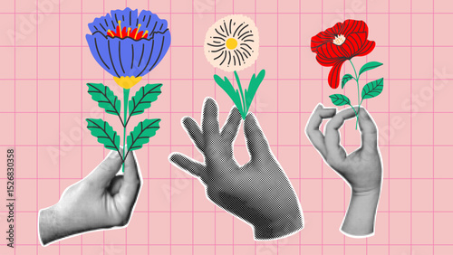Hands holding different flowers. Vector illustration in retro style