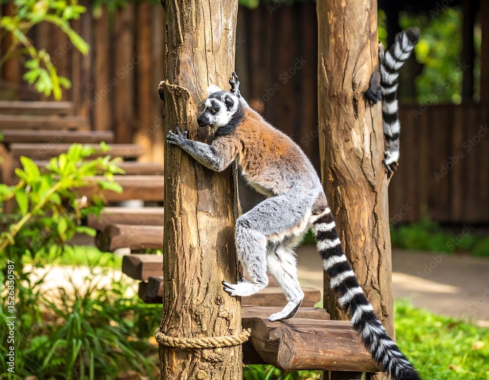 Fototapeta premium Lemur climbing wooden structure