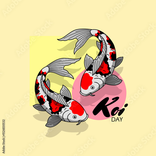 National Koi Day to celebrate on July 7th. Illustration of two beautiful Koi fish swimming. Animal event banner.